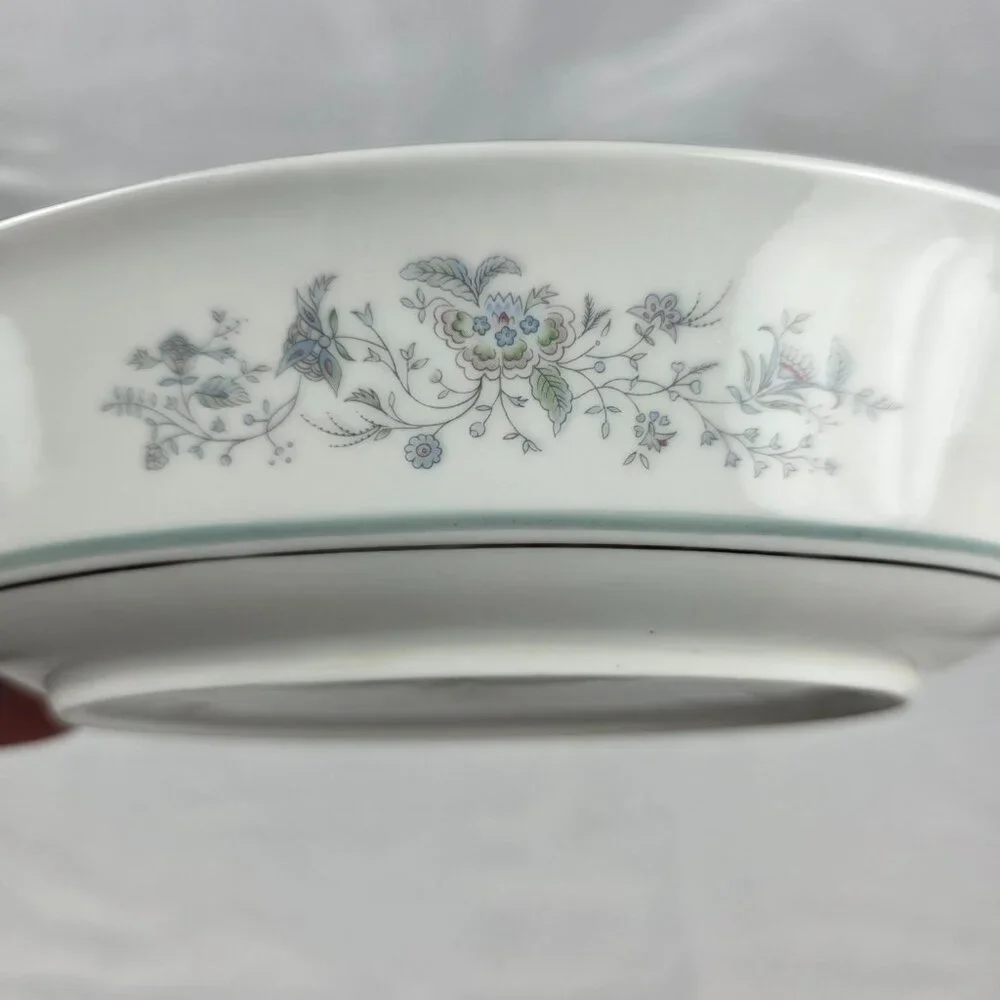 Oxford China Spring 8 Inch Oval Serving Bowl Multicolor Floral Rim Aqua Band